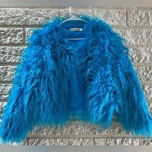 Cropped shaggy faux fur jacket in bright blue Large
